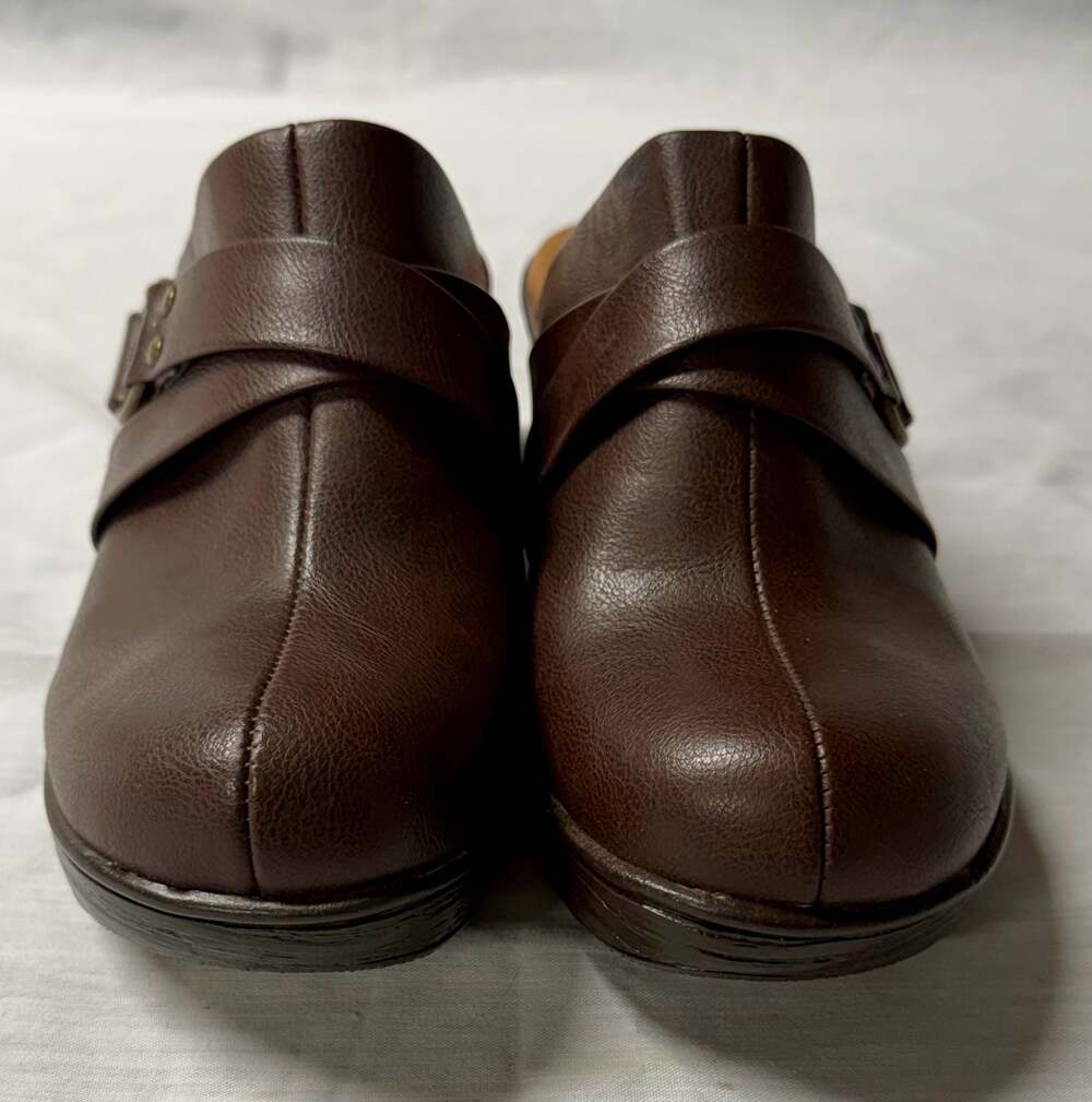 b.o.c. Brown Strappy Buckle Clog Mules